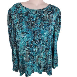 Chico's Womens Snake Print Puff Sleeve Romance Knit Top Turquoise Size 2 Large